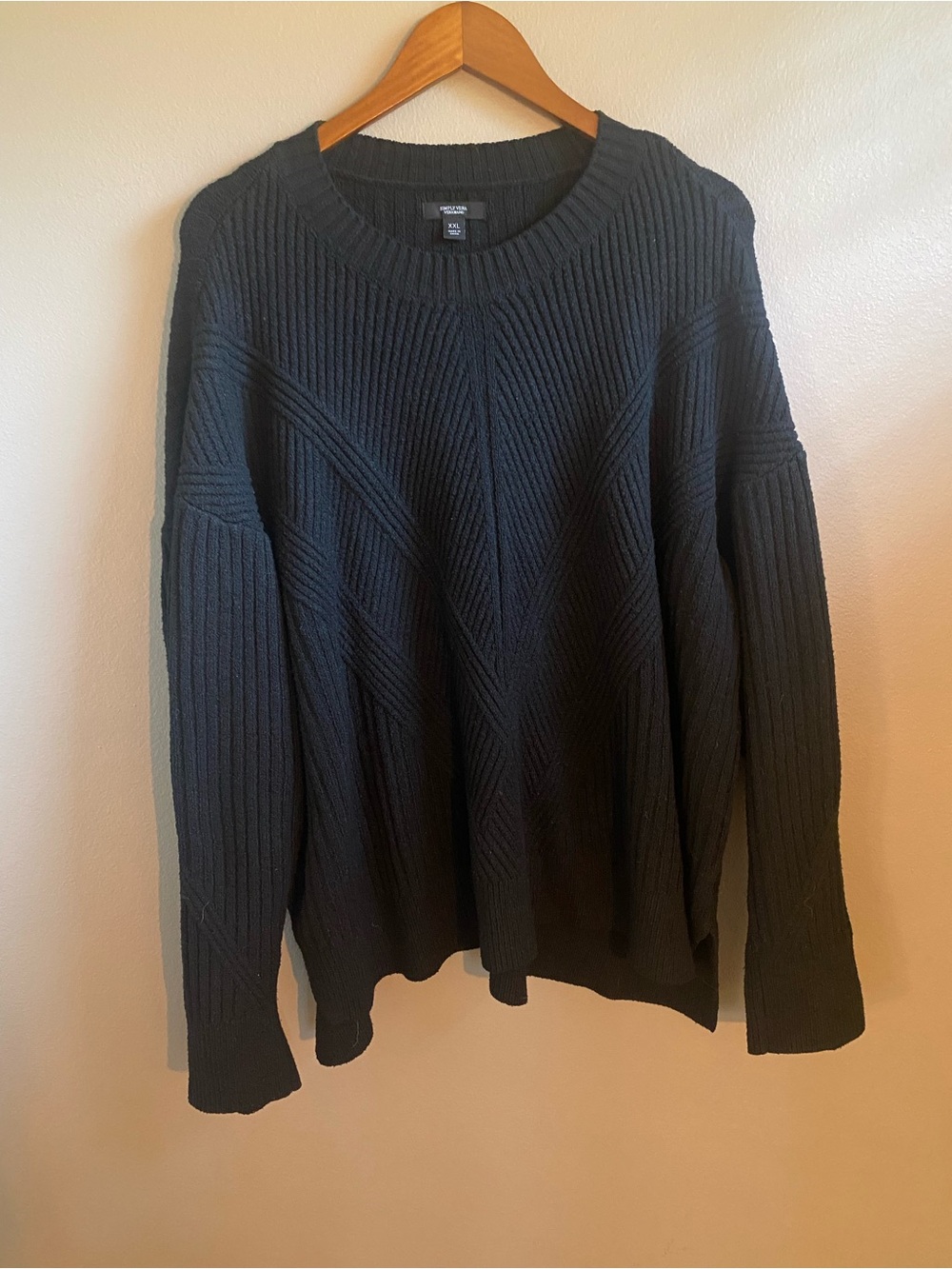 Black Ribbed Crewneck Sweater with Chevron Detail